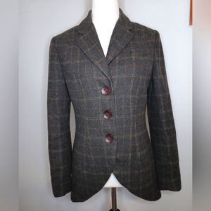 Cabi Charcoal Windowpane Plaid Wool Blend Equestrian Blazer with Curved Hem